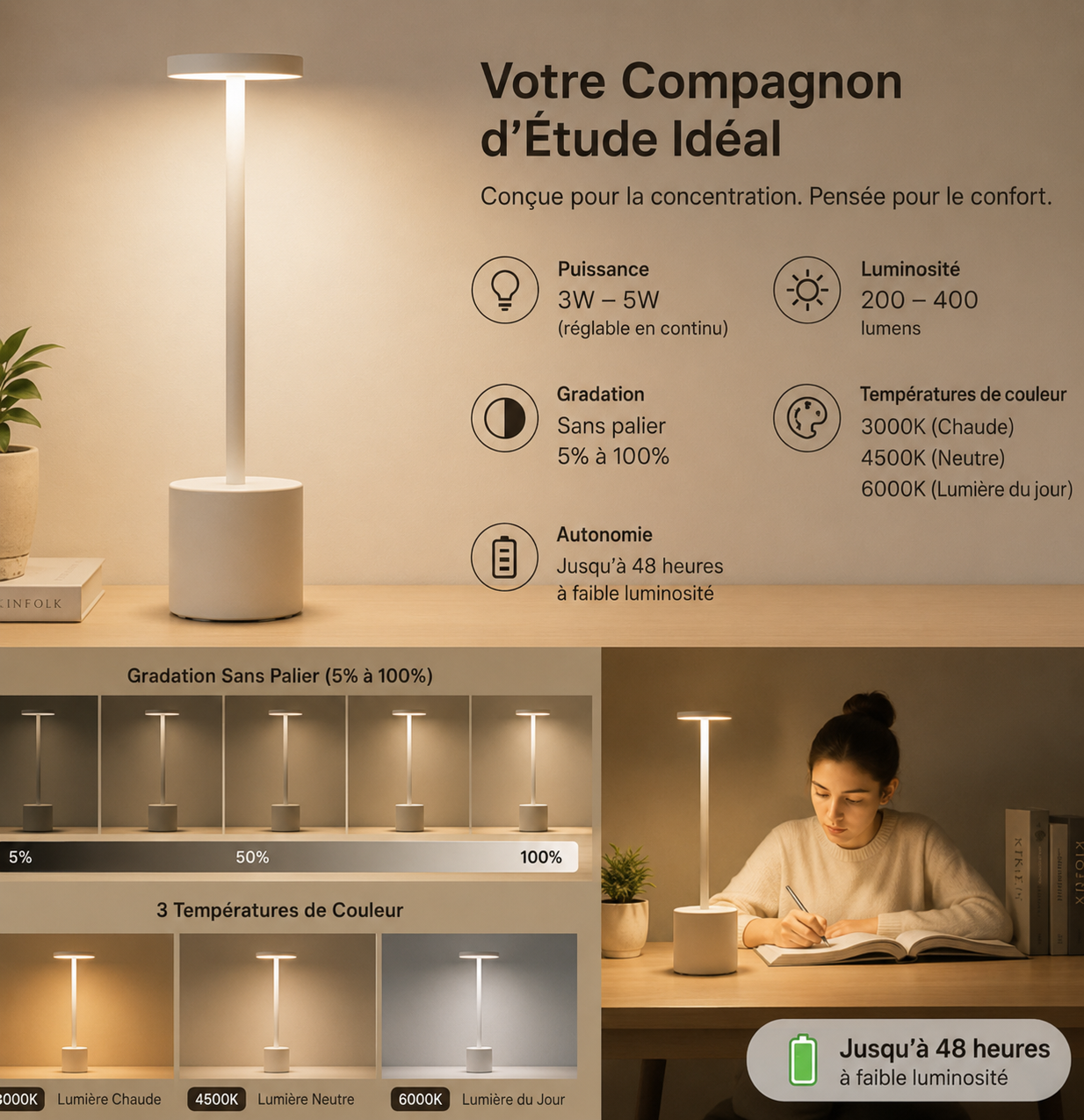 Lampe de Table Minimaliste - Intensité Réglable et Sans Fil