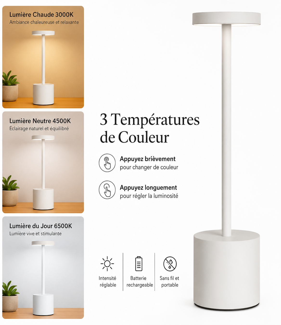 Lampe de Table Minimaliste - Intensité Réglable et Sans Fil