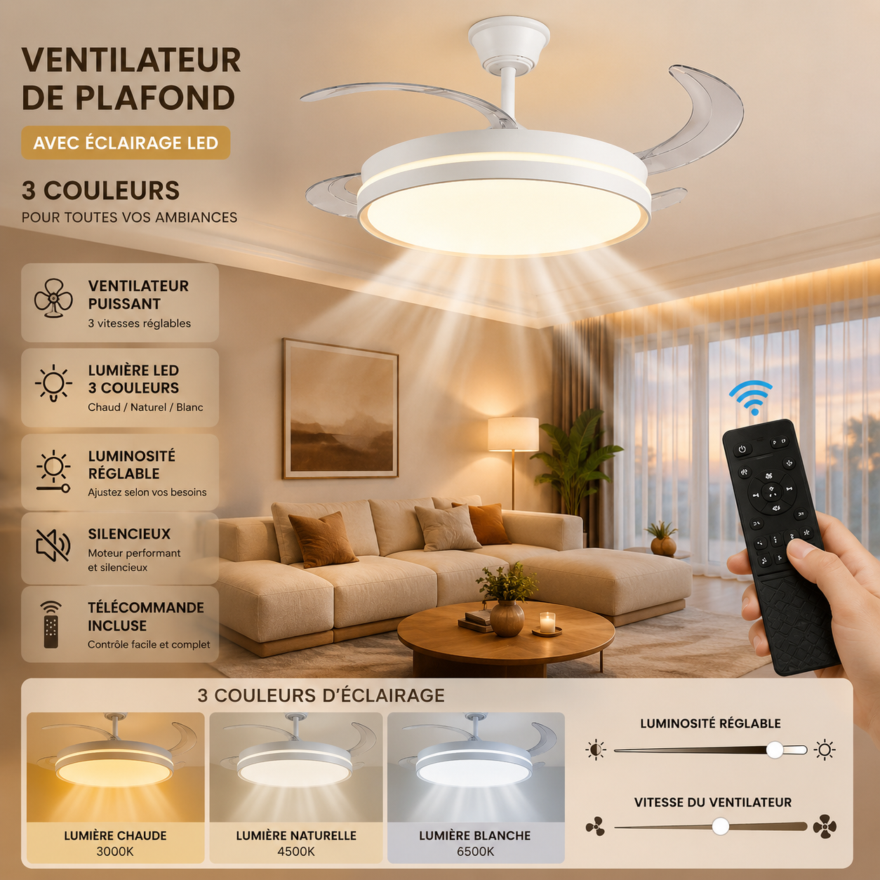 Ventilateur de plafond avec éclairage LED - 3 couleurs